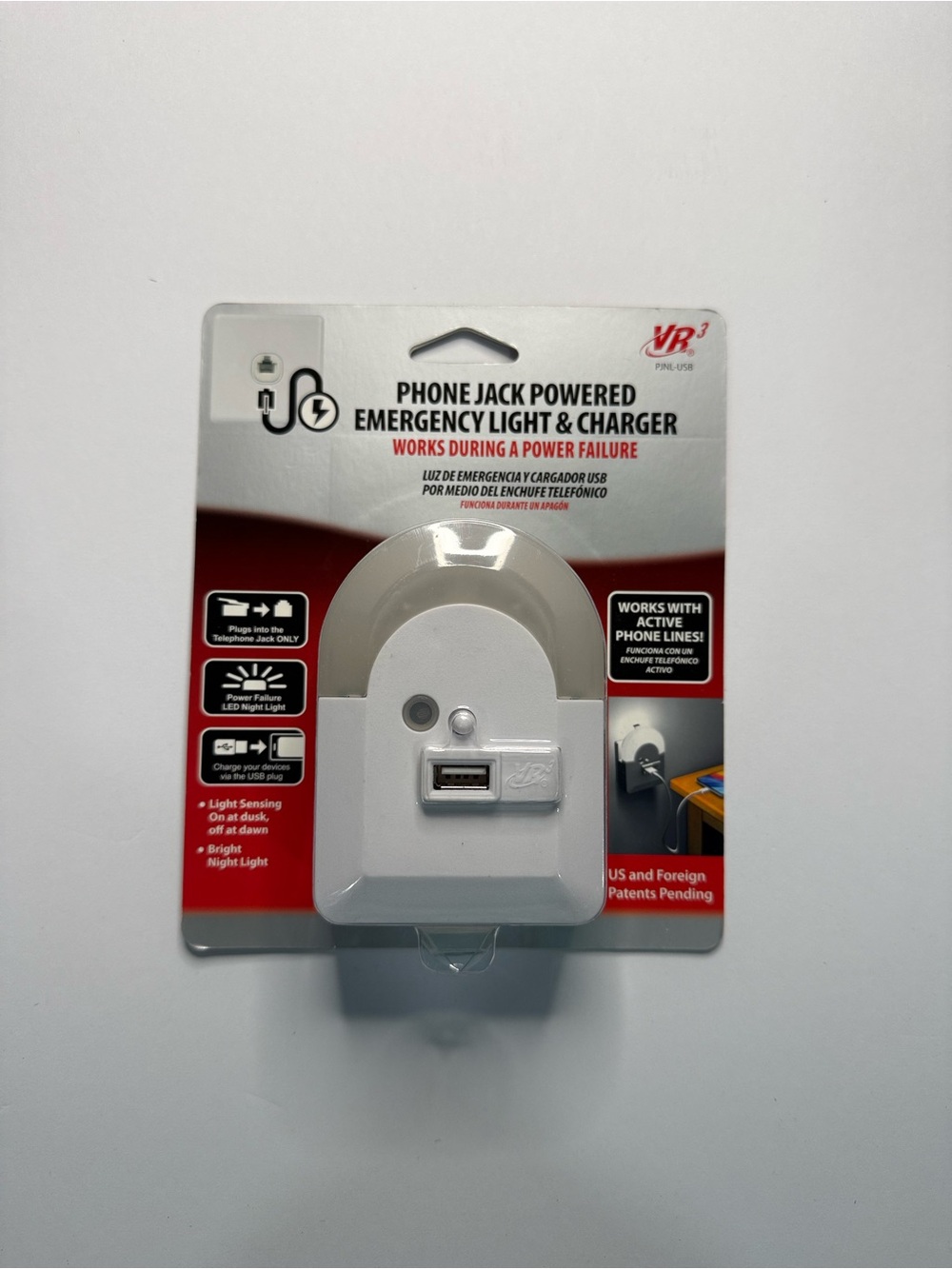 Phone Jack Powered Emergency Light & USB Charger - White